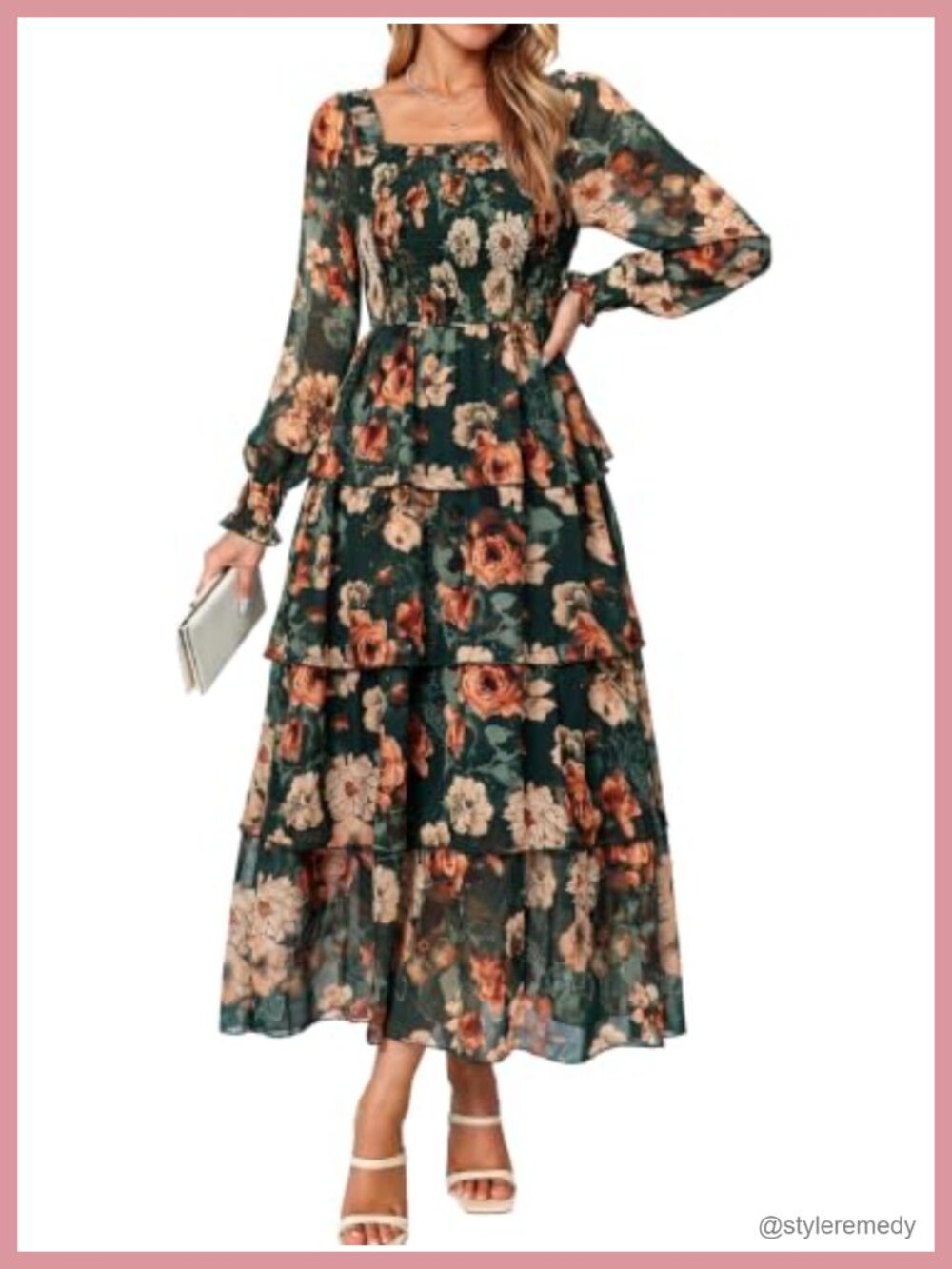 Women's Square Neck Long Sleeve Maxi Dress Tiered Chiffon Wedding Guest